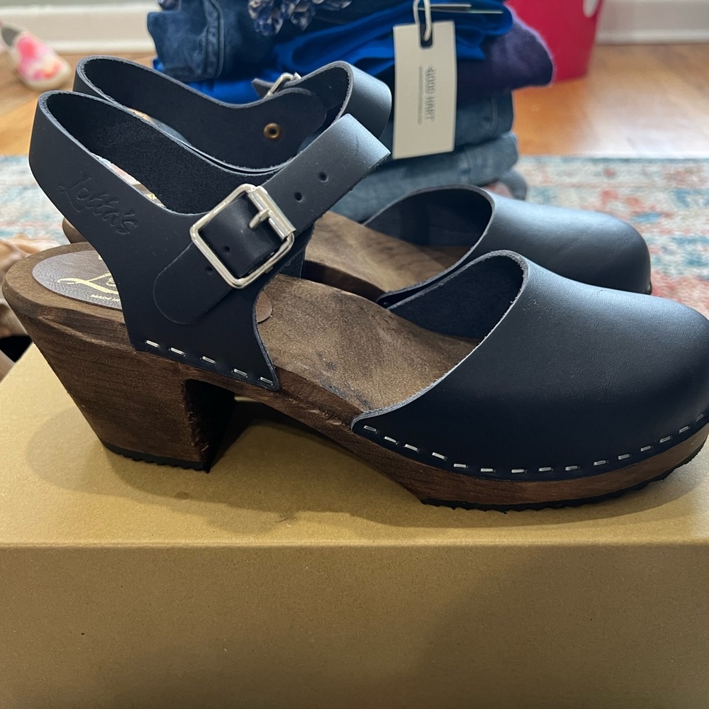 Lotta From Stockholm Black Leather Wood-Heel Clog Mules